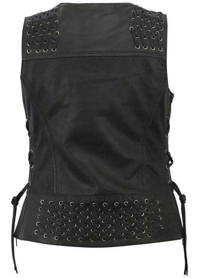 Women's Black Leather Vest with Grommet and Lacing Accents