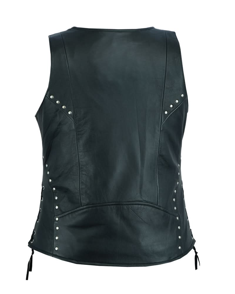 Women's Leather Open Neck Vest with Lacing Details