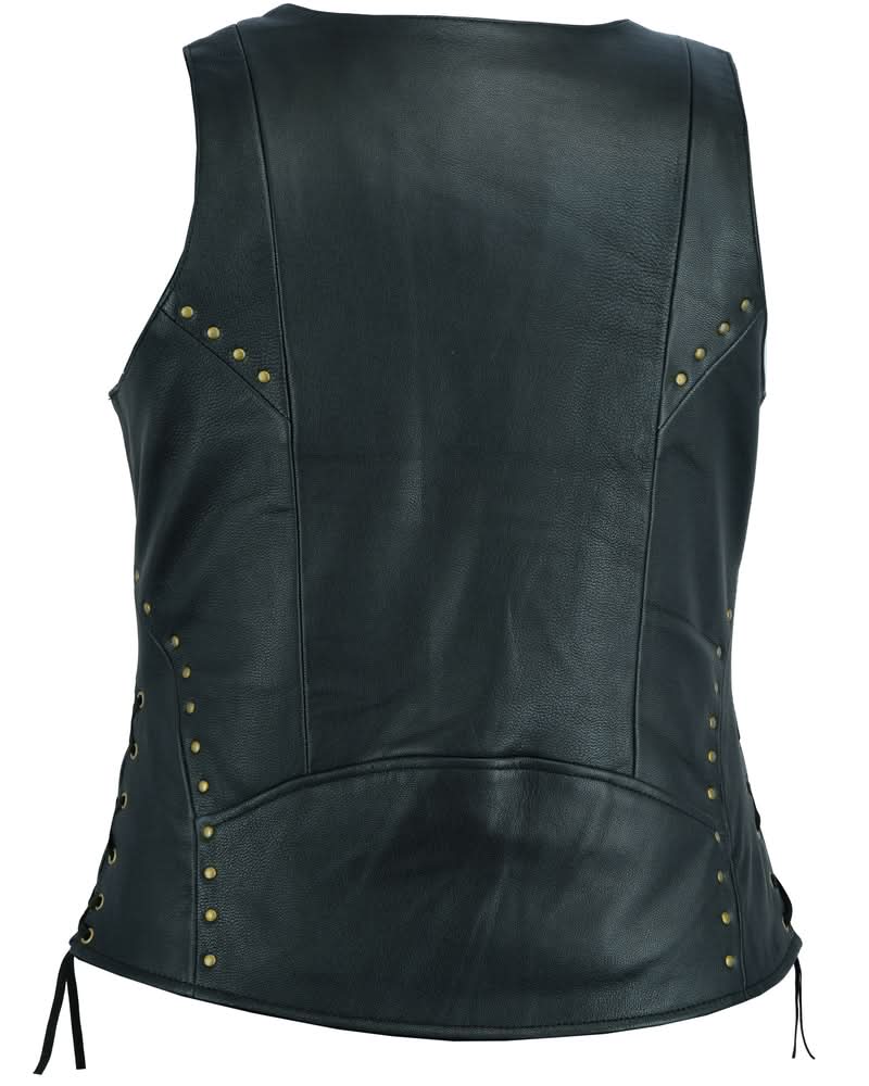 Women's Black Leather Zippered Vest with Lacing Details