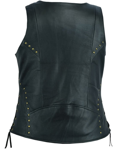 Women's Black Leather Zippered Vest with Lacing Details