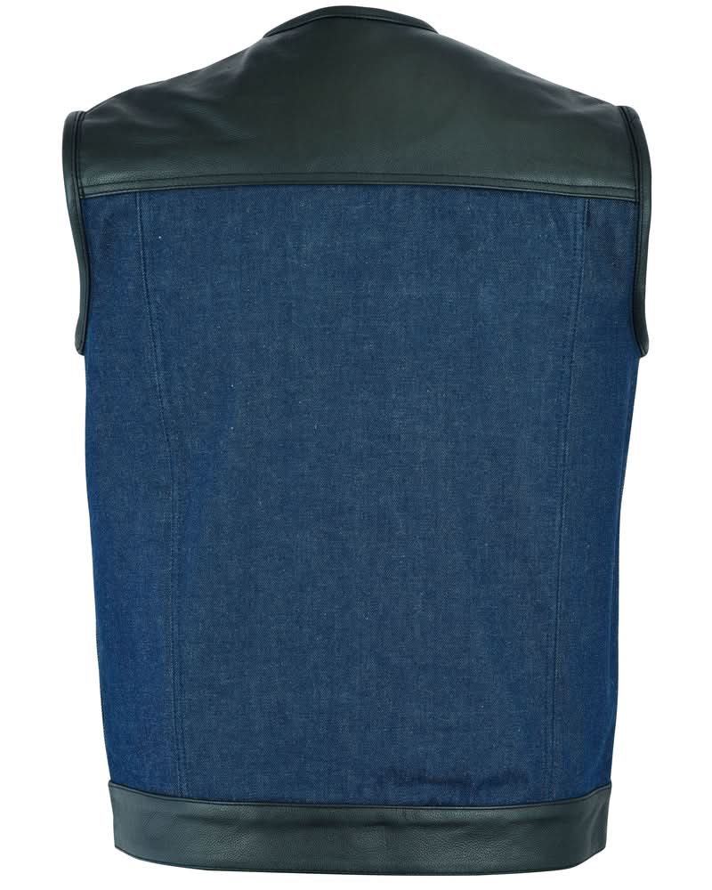 Men's Leather/Denim Combo Club Style Vest (Black/Broken Blue)