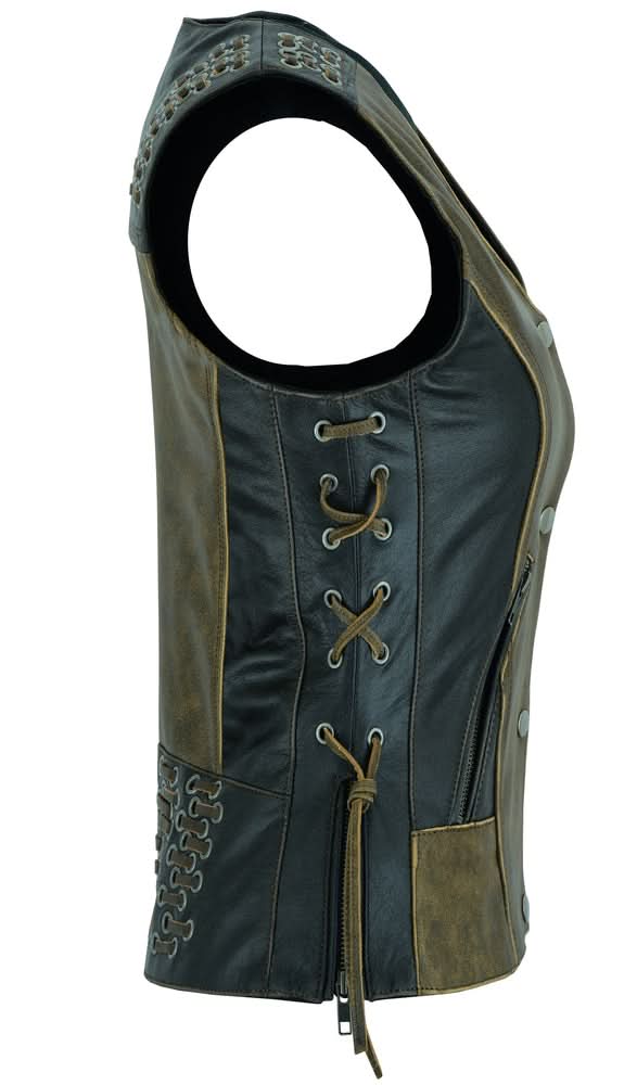 Women's Premium Leather Vest with Grommet and Lacing Accents - Two Tone
