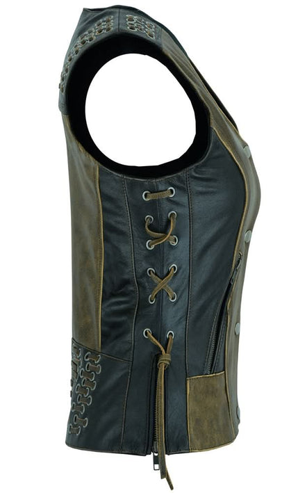 Women's Premium Leather Vest with Grommet and Lacing Accents - Two Tone