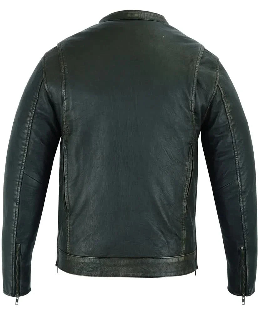 Men's Modern Utility Style Riding Jacket in Lightweight Drum Dyed Distressed Naked Lambskin