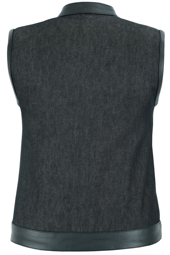 Women's Black Rough Rub-Off Raw Finish Denim Vest W/Leather Trim