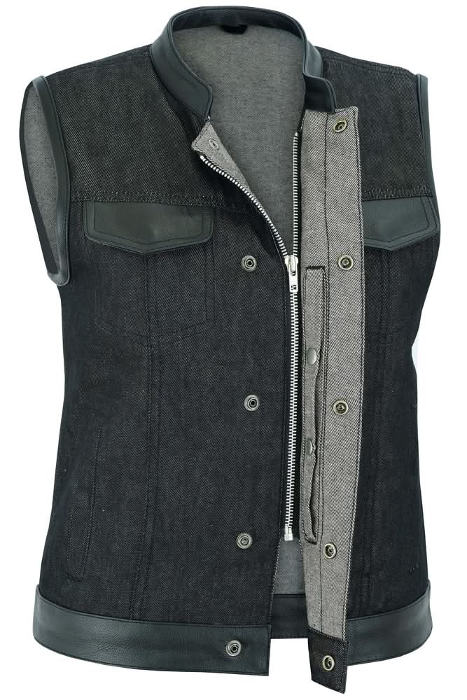 Women's Black Rough Rub-Off Raw Finish Denim Vest W/Leather Trim