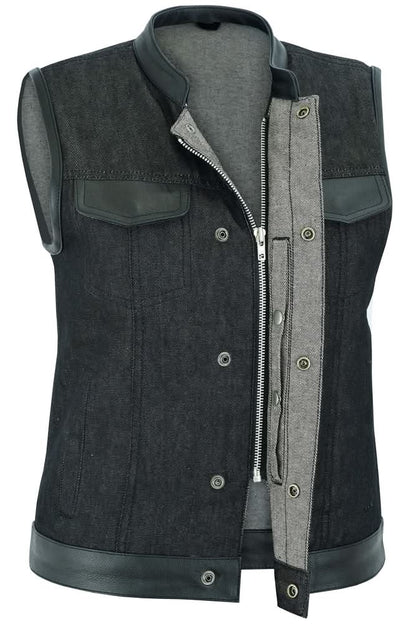 Women's Black Rough Rub-Off Raw Finish Denim Vest W/Leather Trim