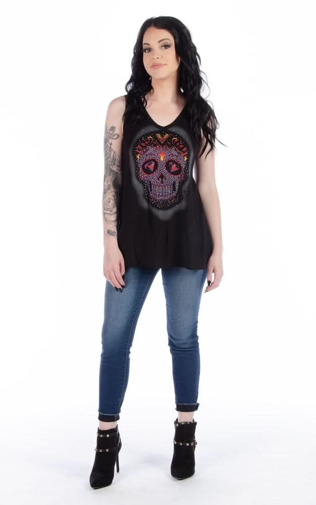 Women's Calavera Skull Lace Back Tank Top