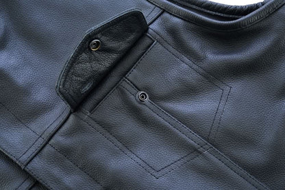 Men's Club Style "AM" Black Cowhide Leather Motorcycle Vest