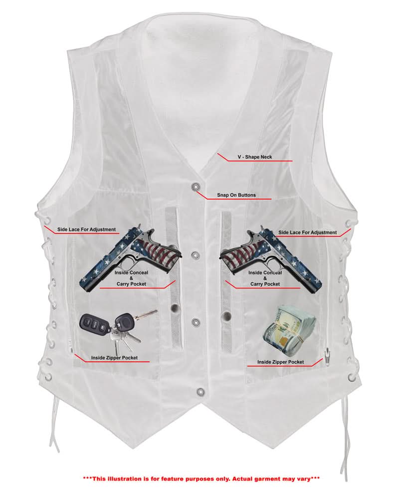 Women's Black Leather Motorcycle Vest with 6 Utility Pockets