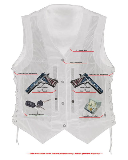 Women's Black Leather Motorcycle Vest with 6 Utility Pockets