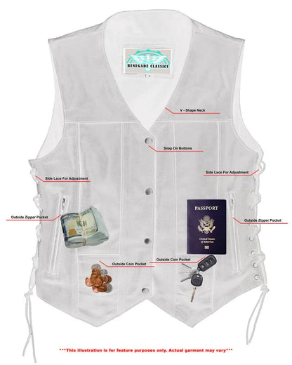 Women's Black Leather Motorcycle Vest with 6 Utility Pockets