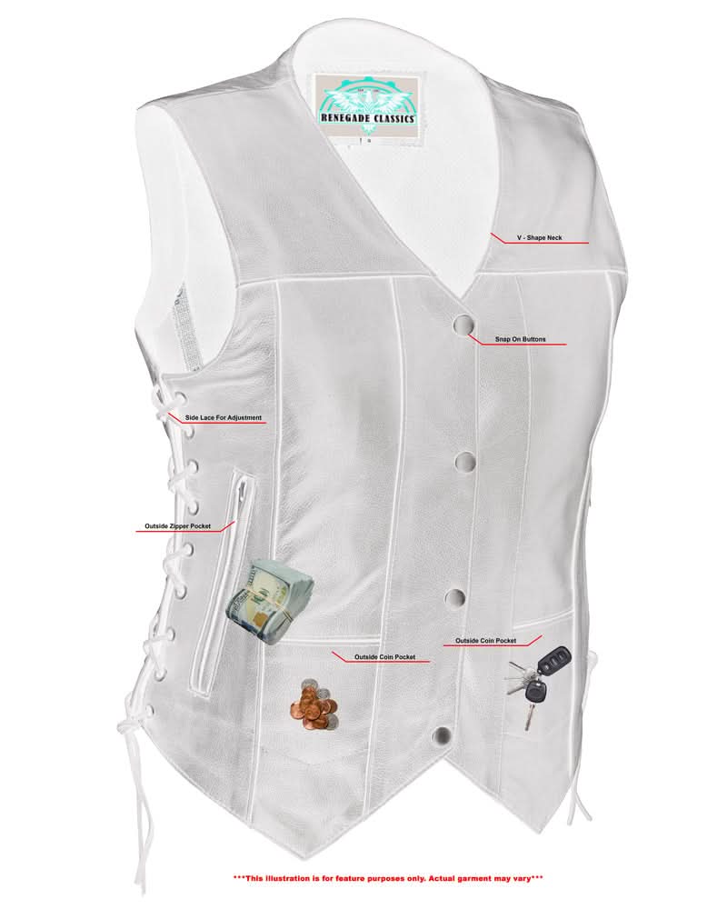 Women's Black Leather Motorcycle Vest with 6 Utility Pockets