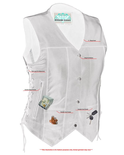 Women's Black Leather Motorcycle Vest with 6 Utility Pockets
