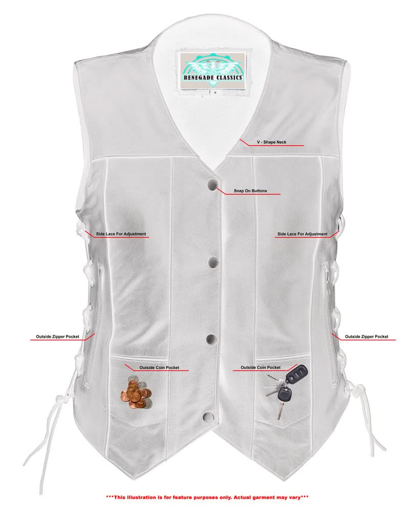 Women's Black Leather Motorcycle Vest with 6 Utility Pockets