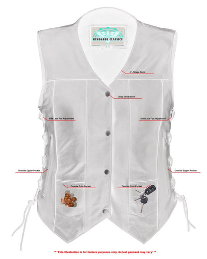 Women's Black Leather Motorcycle Vest with 6 Utility Pockets