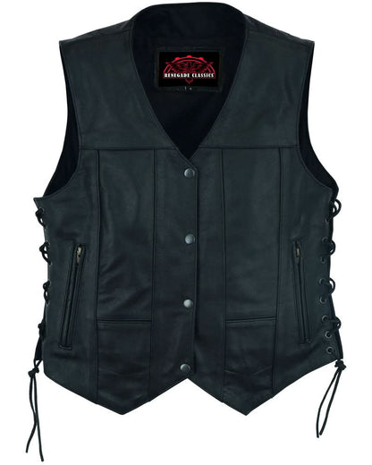 Women's Black Leather Motorcycle Vest with 6 Utility Pockets