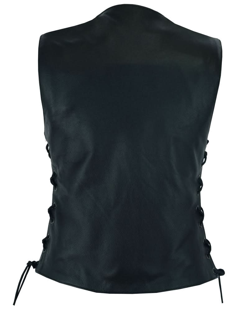 Women's Black Leather Motorcycle Vest with 6 Utility Pockets