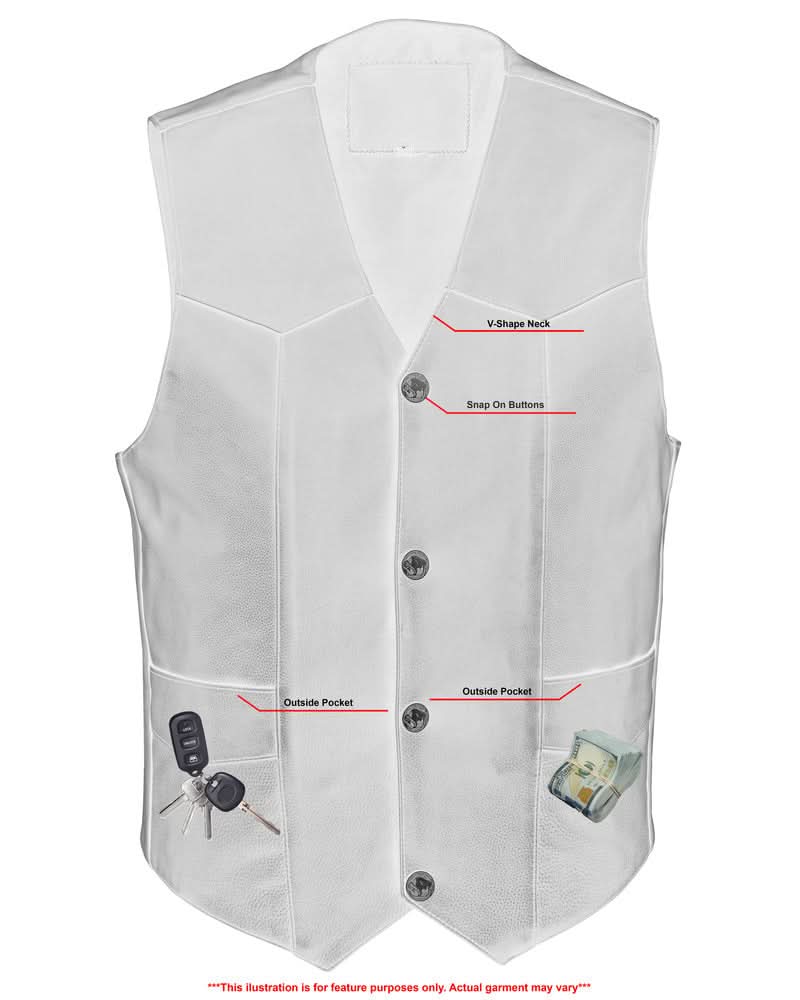 Men's classic Western Style leather vest, Single Back Panel