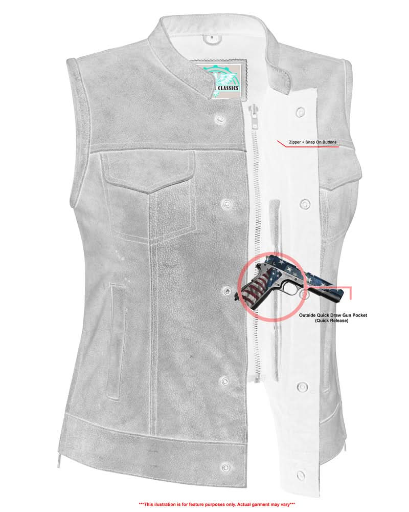 Women's Premium Gray Leather Club Style Vest- Single Back Panel