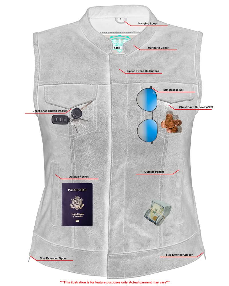 Women's Premium Gray Leather Club Style Vest- Single Back Panel