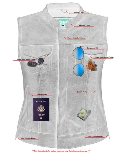 Women's Premium Gray Leather Club Style Vest- Single Back Panel