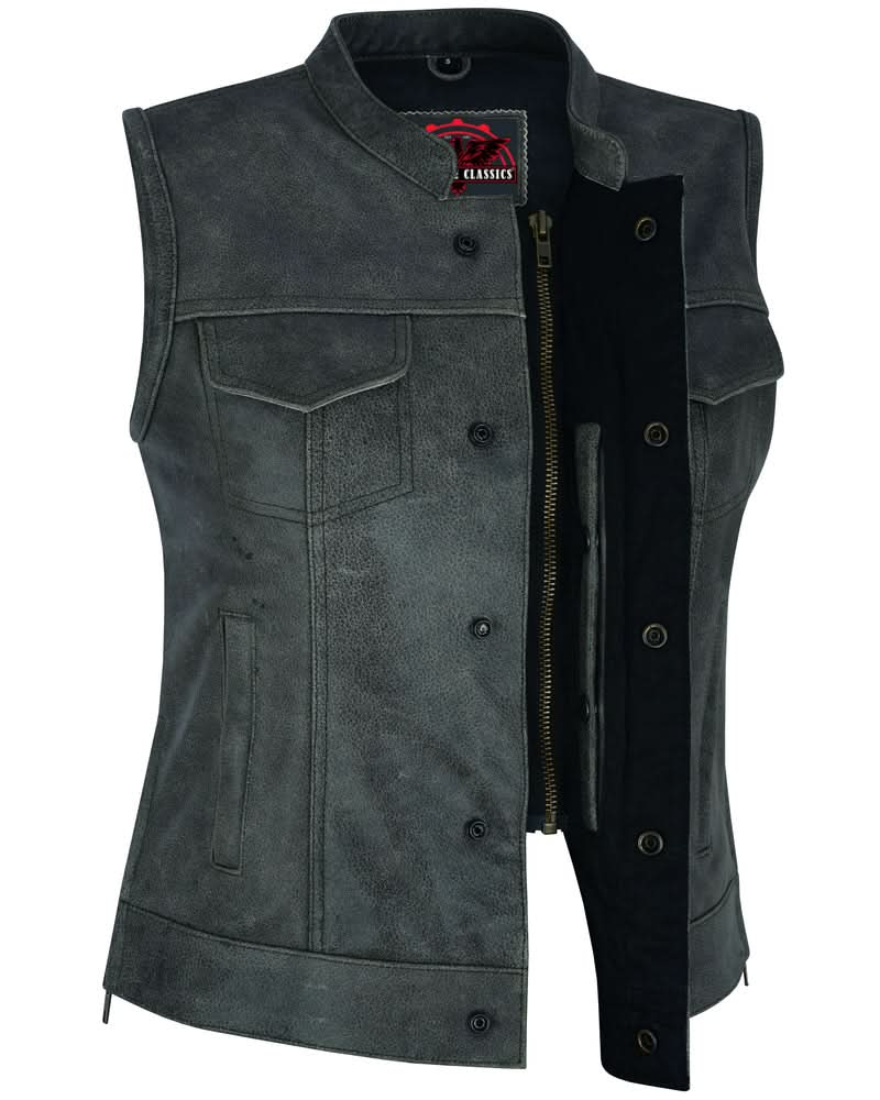 Women's Premium Gray Leather Club Style Vest- Single Back Panel