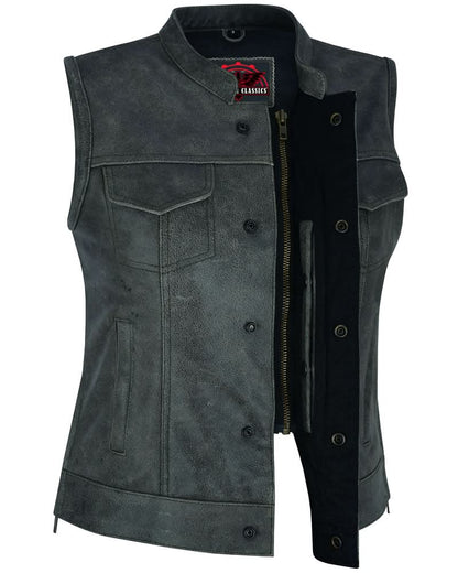 Women's Premium Gray Leather Club Style Vest- Single Back Panel