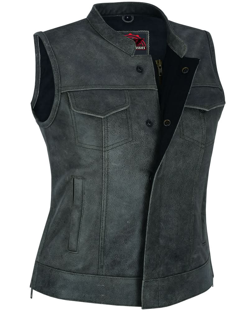 Women's Premium Gray Leather Club Style Vest- Single Back Panel