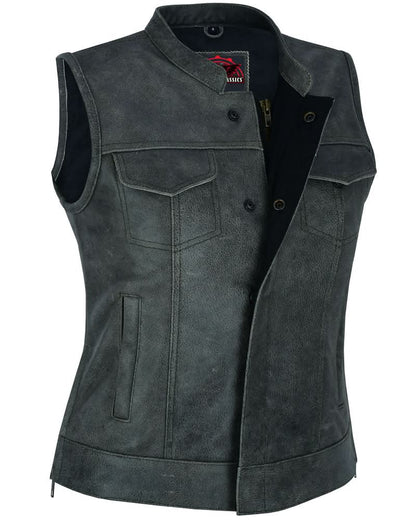 Women's Premium Gray Leather Club Style Vest- Single Back Panel