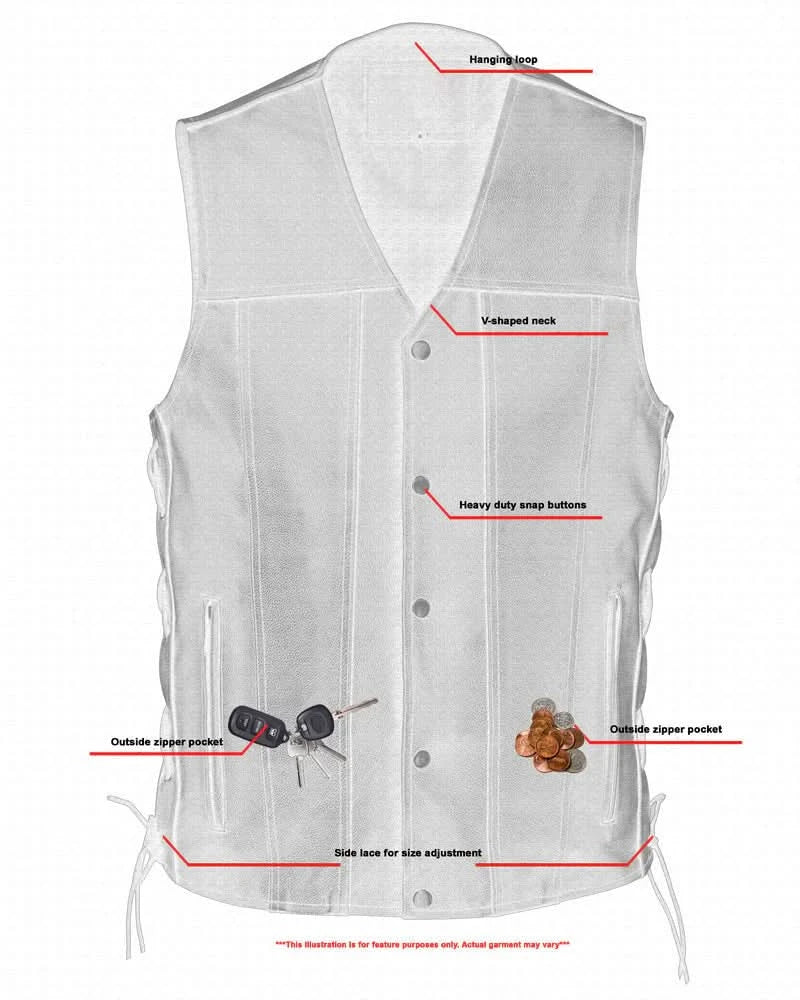 Men's TALL Classic Western Style Leather Vest Tapered Bottom- Black