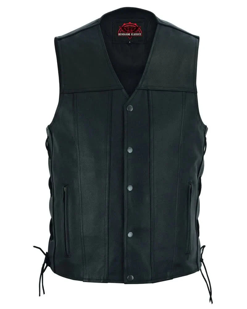 Men's TALL Classic Western Style Leather Vest Tapered Bottom- Black