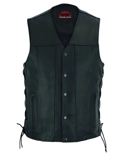 Men's TALL Classic Western Style Leather Vest Tapered Bottom- Black