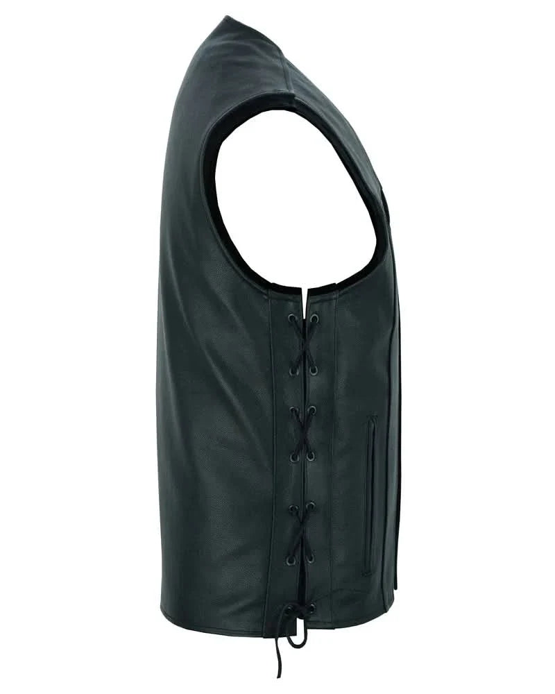 Men's TALL Classic Western Style Leather Vest Tapered Bottom- Black