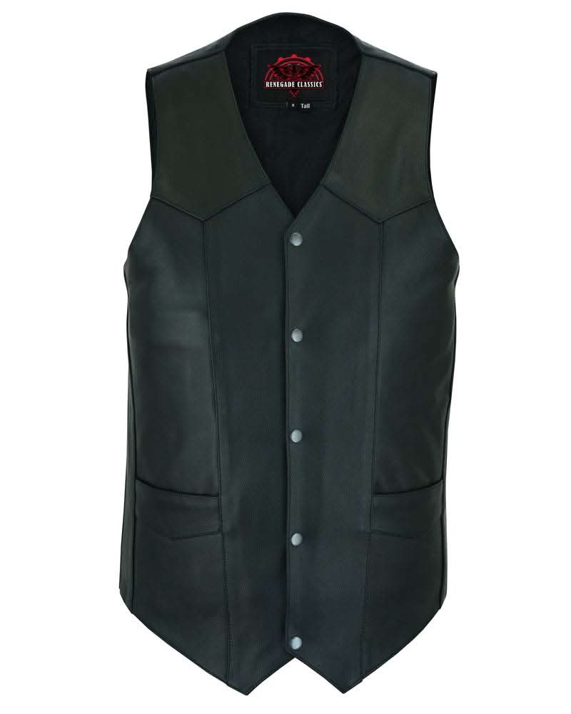 Men's Tall Classic Motorcycle Leather Vest with scaped bottom - Black
