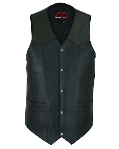 Men's Tall Classic Motorcycle Leather Vest with scaped bottom - Black