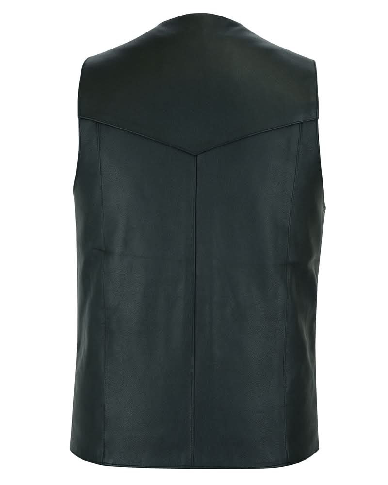 Men's Tall Classic Motorcycle Leather Vest with scaped bottom - Black