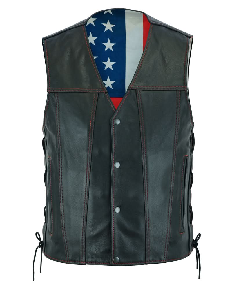 Men's Western Style "Honor Ride" Black Leather Motorcycle with Vest Red Stitching