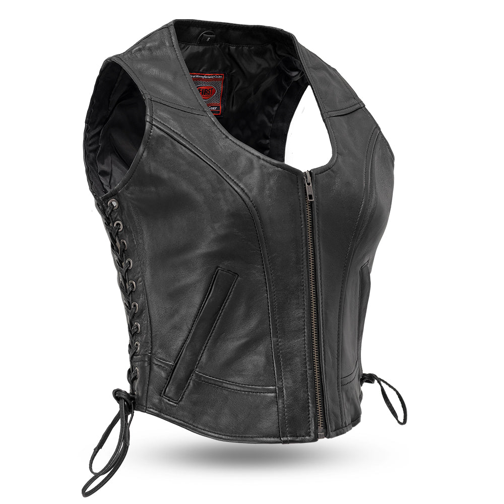 Women's Black Leather Motorcycle Vest- Raven