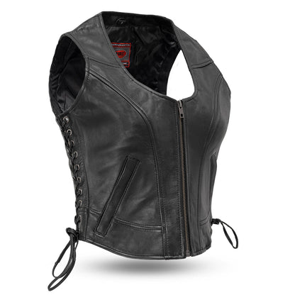 Women's Black Leather Motorcycle Vest- Raven