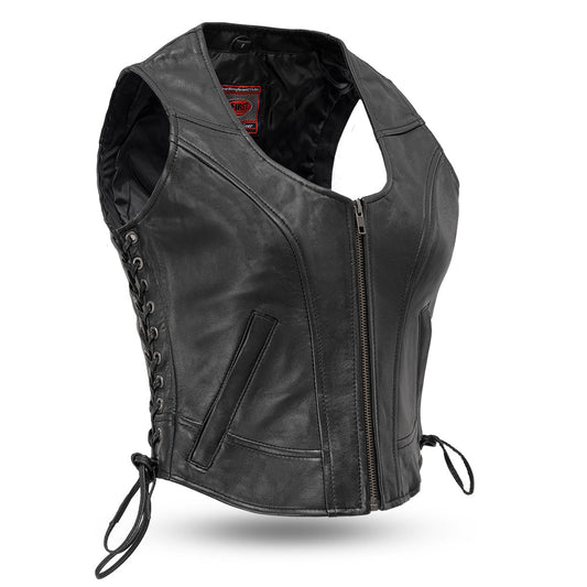 Women's Black Leather Motorcycle Vest- Raven
