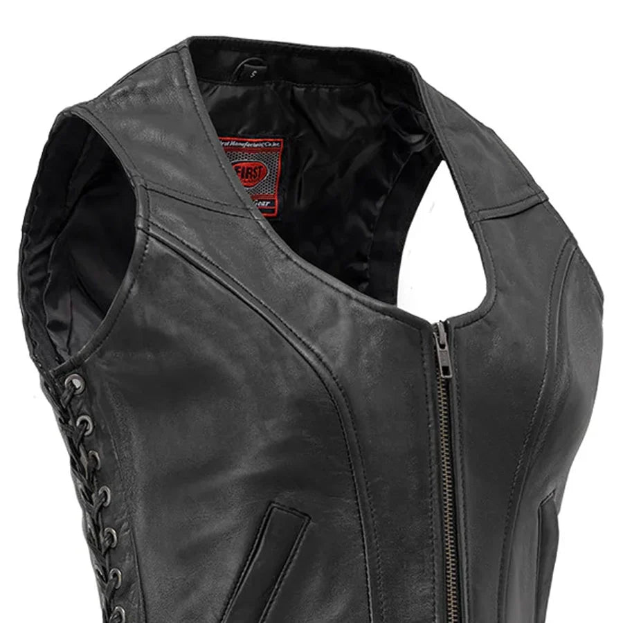 Women's Black Leather Motorcycle Vest- Raven