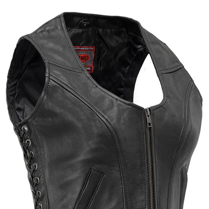 Women's Black Leather Motorcycle Vest- Raven