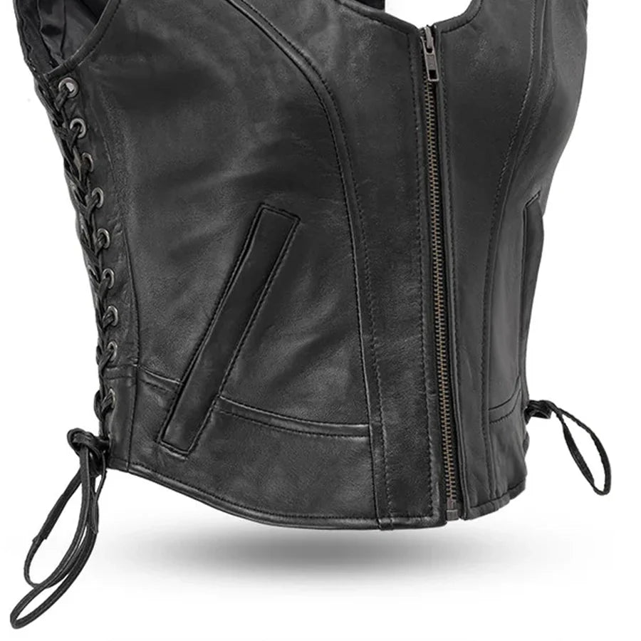 Women's Black Leather Motorcycle Vest- Raven