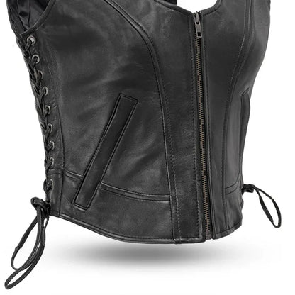 Women's Black Leather Motorcycle Vest- Raven