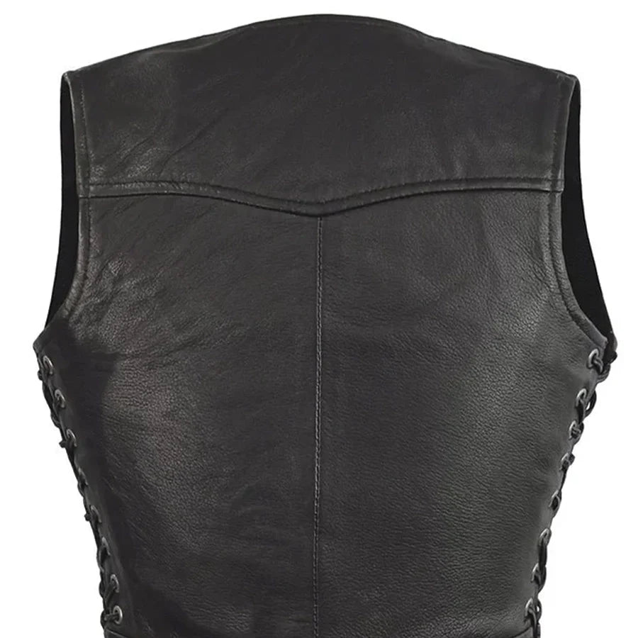 Women's Black Leather Motorcycle Vest- Raven