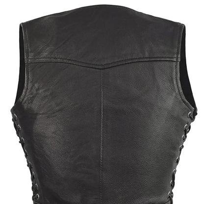 Women's Black Leather Motorcycle Vest- Raven
