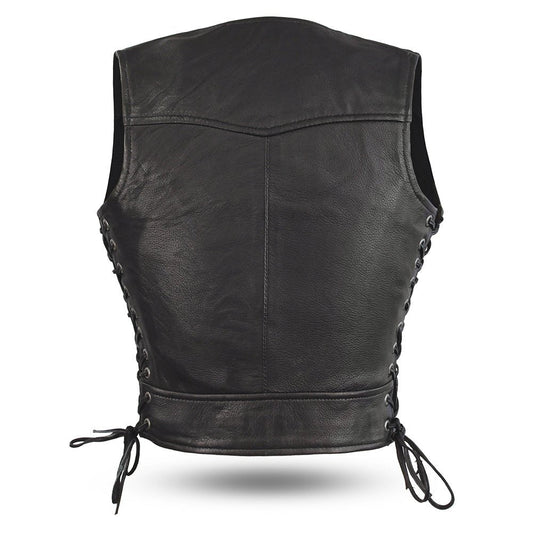 Women's Black Leather Motorcycle Vest- Raven