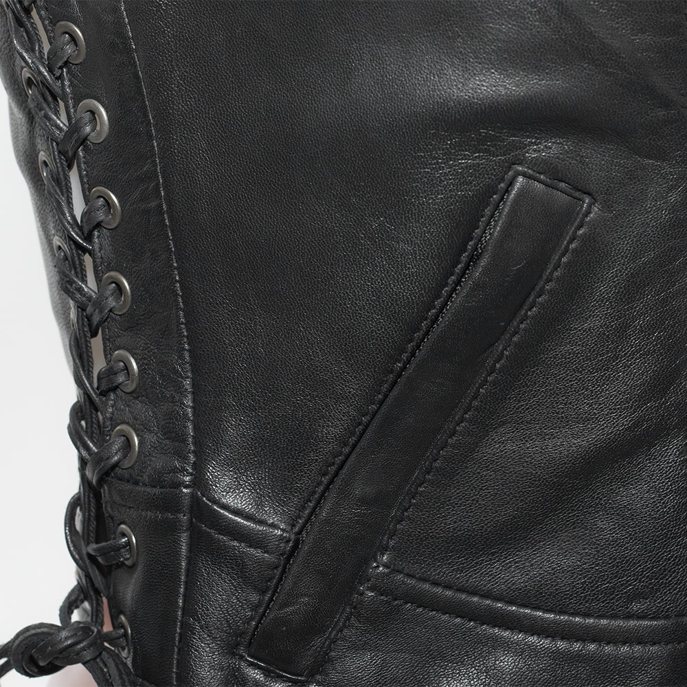 Women's Black Leather Motorcycle Vest- Raven