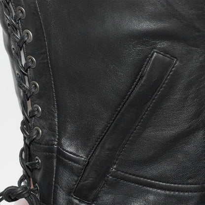 Women's Black Leather Motorcycle Vest- Raven